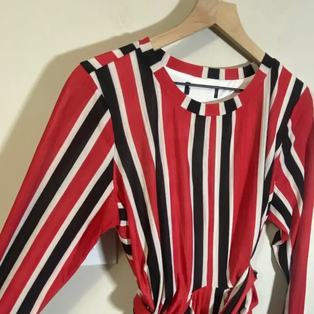 Eloquii Striped Ottoman Tie Back Red Black White Striped Midi Dress Sz 14/16**